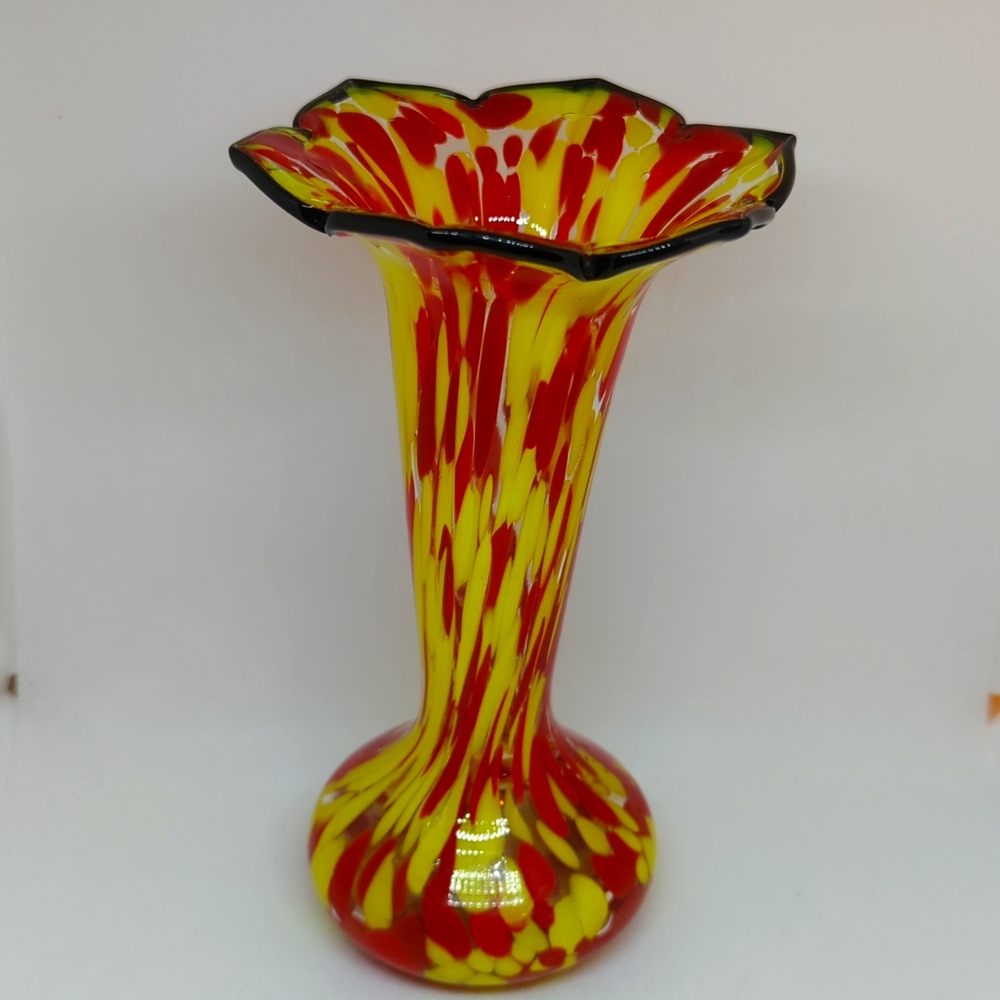 Czechoslovakia Yellow and Red Bud Vase Art Glass "End of the Day"